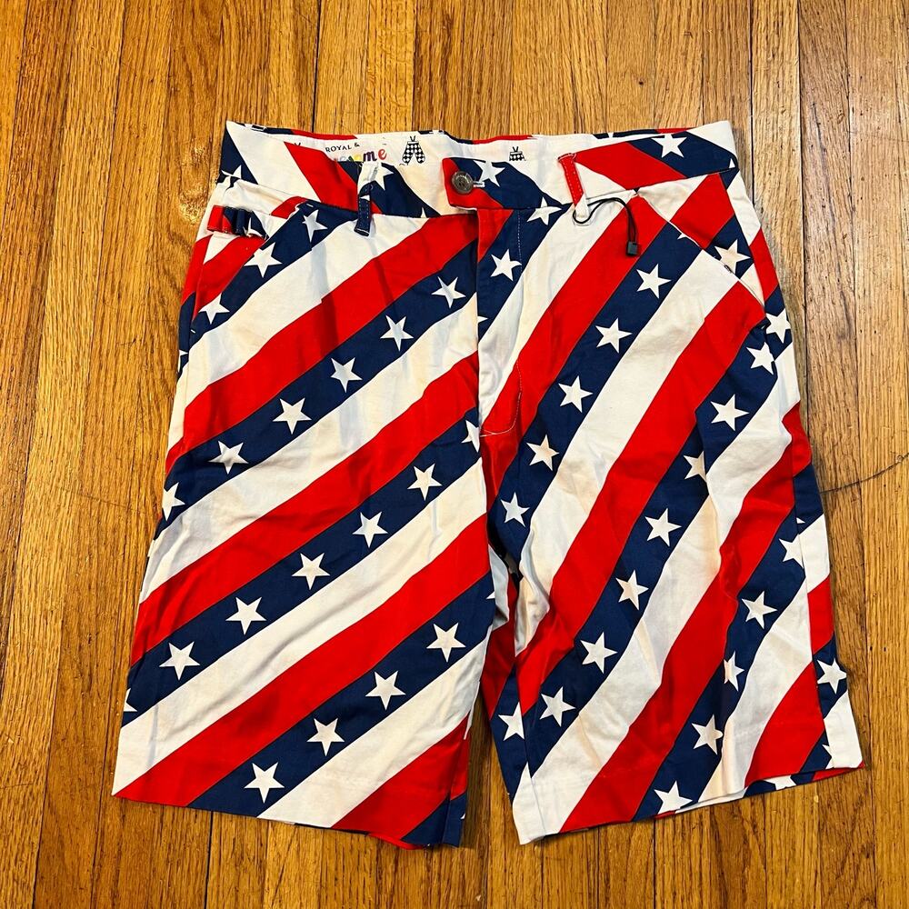 Royal & Awesome Golf Shorts Mens 32 Casual Blue Red White American Flag